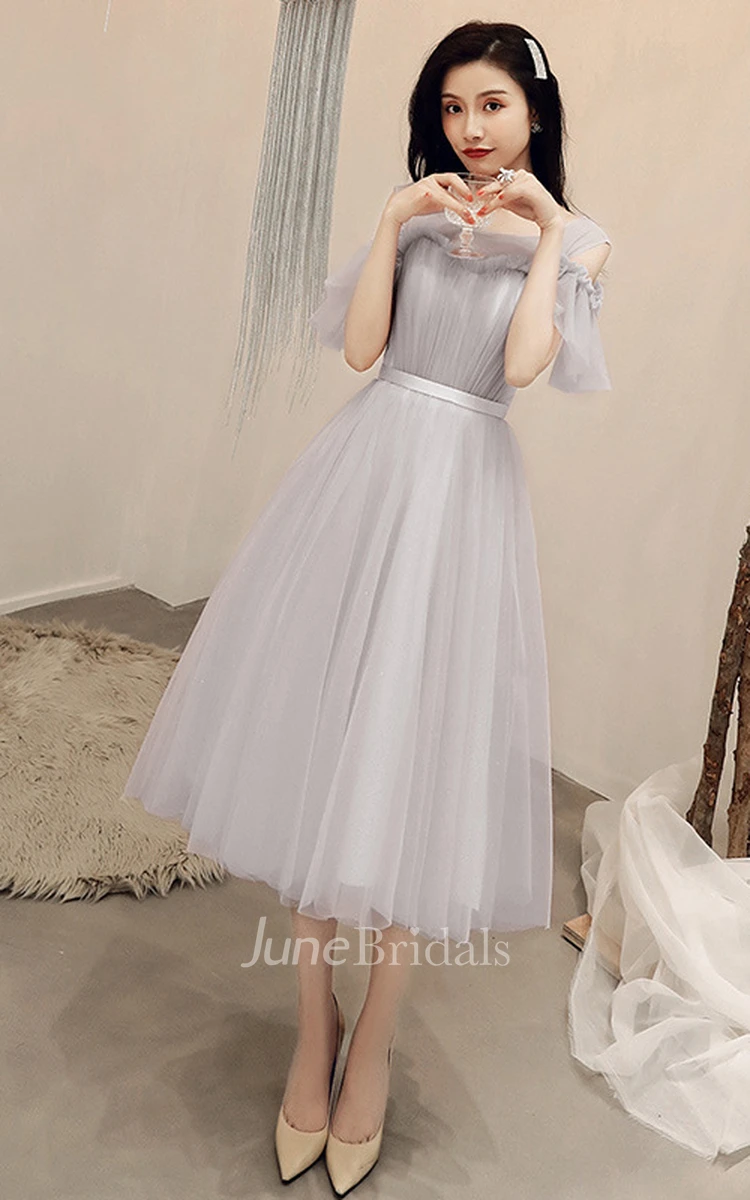 Simple Tulle Off-the-shoulder V-neck A Line Formal Cocktail Dress With Ruffles