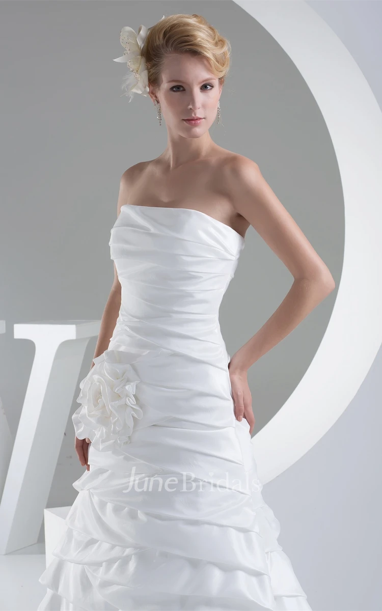 Strapless A-Line Satin Dress with Flower and Ruched Design