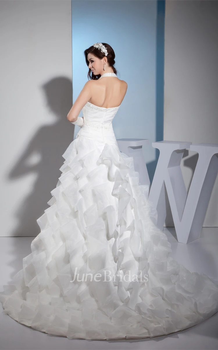 Ruched Sweetheart Tiered Ball Gown with Appliques and Beaded Halter
