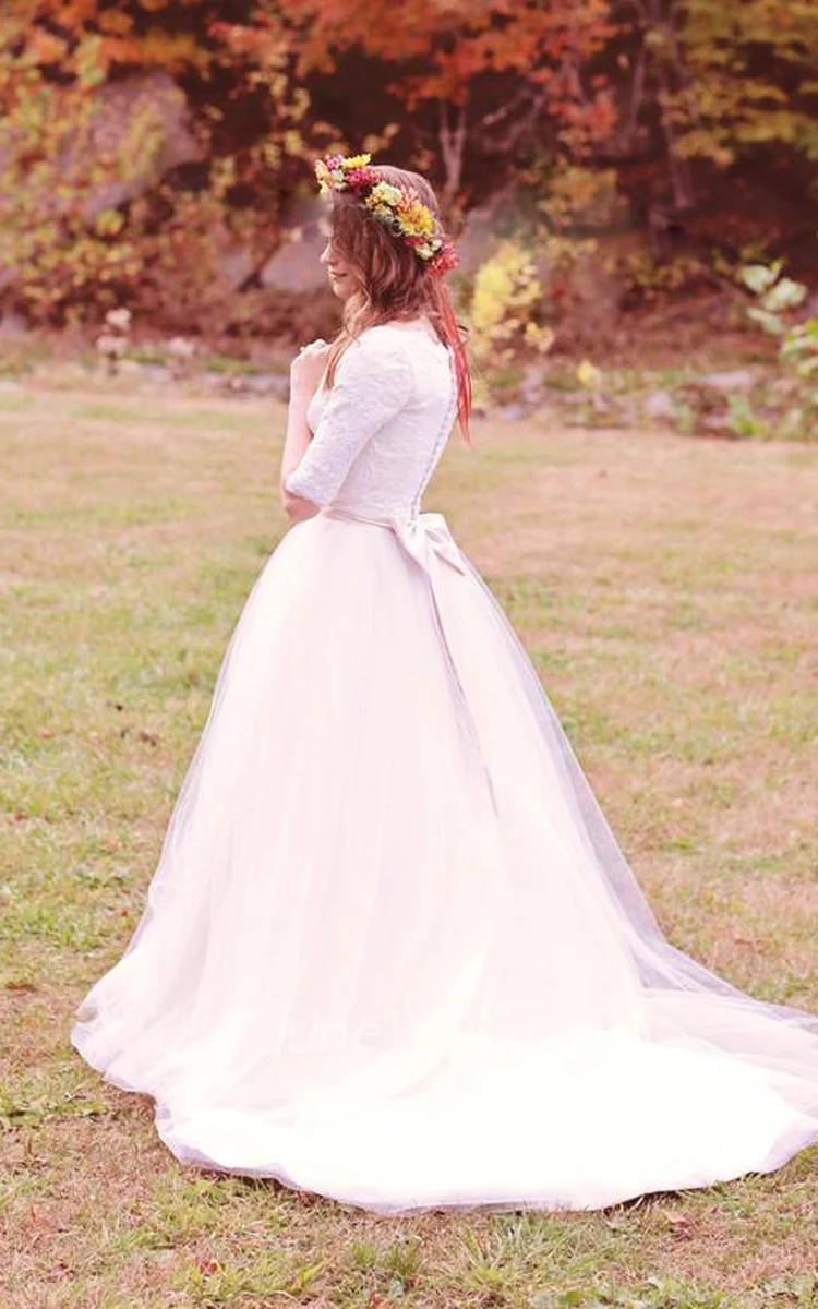 Modest Simple Scoop Lace Tulle Wedding Dress with Elbow Sleeves