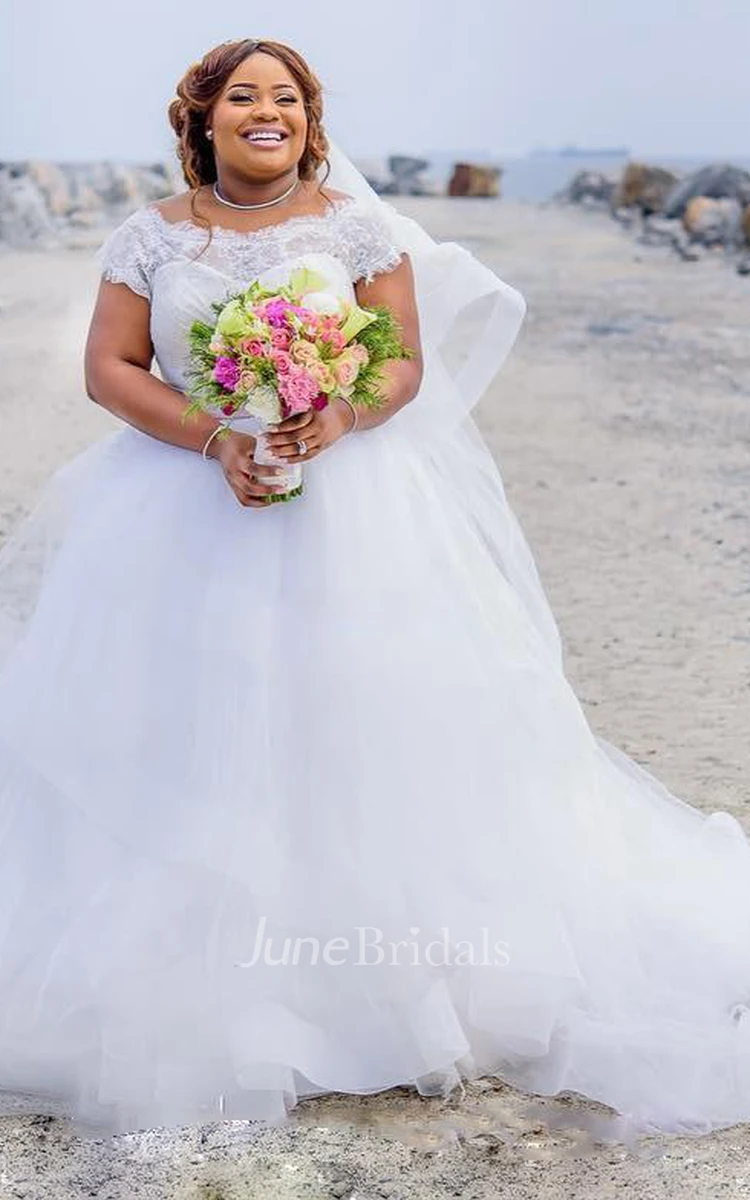 Gorgeous Plus Size Wedding Dresses Summer Lace Cap Sleeves A Line Beach Bridal Gowns With Pink Ribbon Sash Tulle Puffy Wedding Dresses June Bridals