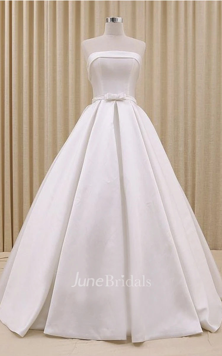 Princess Modest Strapless A-Line Corset Wedding Dress Elegant Modern Floor Length Church Bridal Ball Gown with Ruching and Delicate Bow Belt