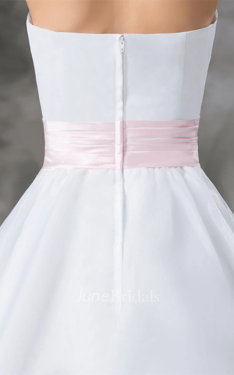strapless tea-length a-line dress with zipper back and bow