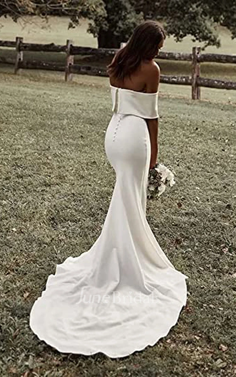 Mermaid Off-the-shoulder Satin Wedding Dress Romantic Casual Sexy Adorable Beach With Open Back And Short Sleeves 