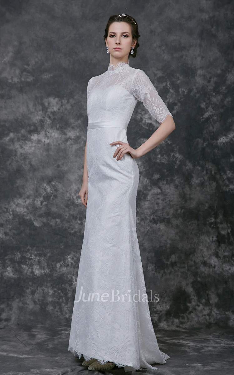 Gorgeous Long Sleeve Pleated Long Lace Dress With High Neck