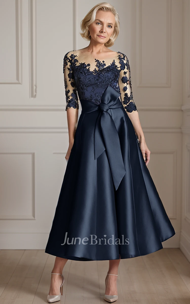 Modest Floral A-Line Boho Half Sleeved MOB Dress Classic Timeless Satin Lace Half Sleeve Dress with Bow and Appliques