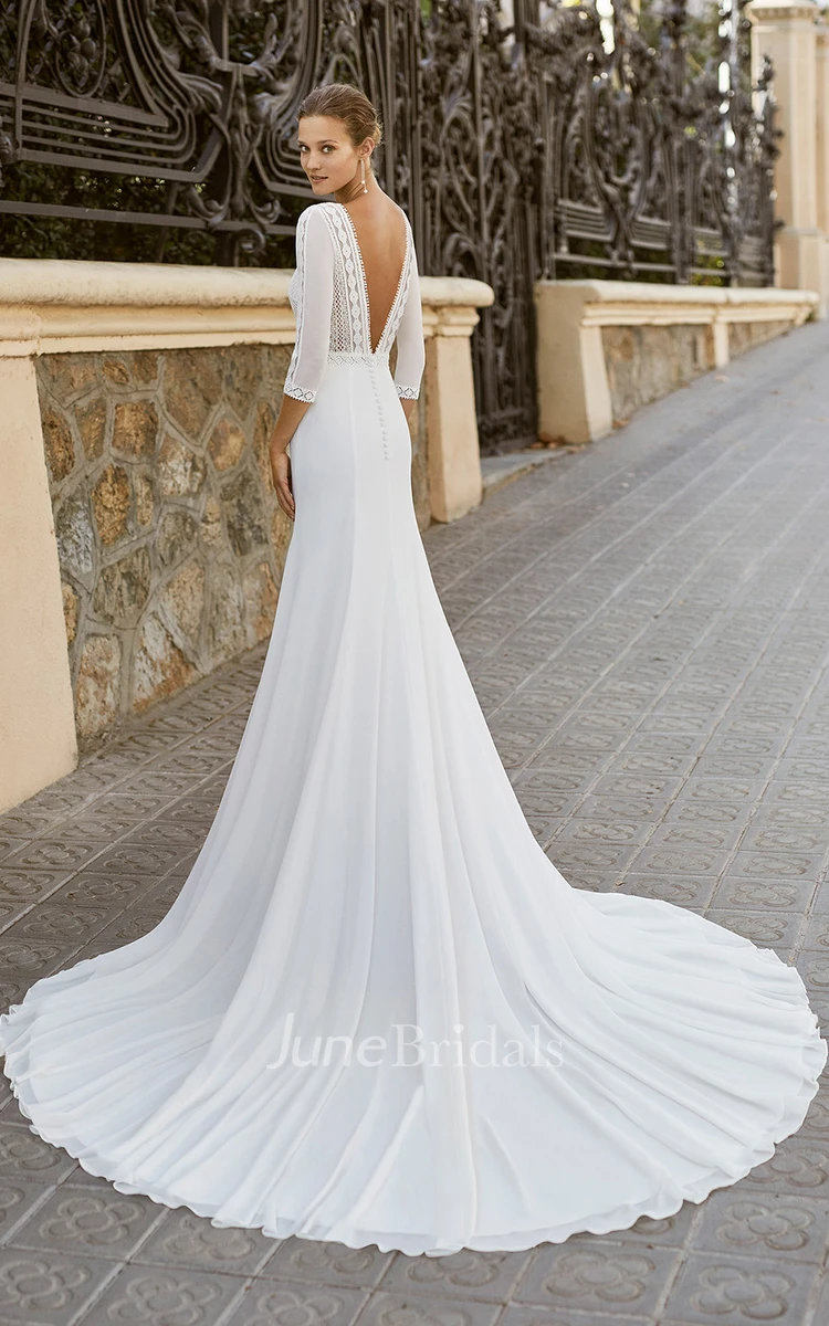 Sexy A-Line V-neck Tulle Garden Wedding Dress With Deep-V Back And Appliques
