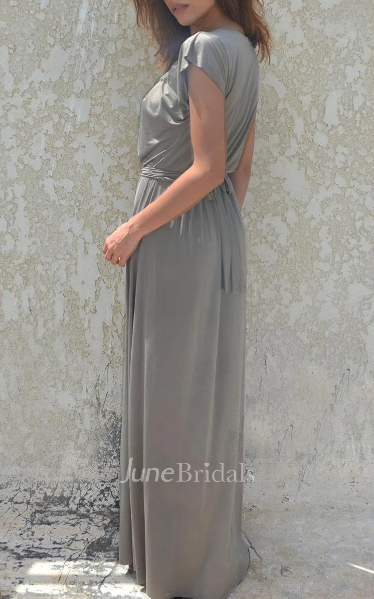 Fall Gray Bridesmaid Symmetrical Folds On Neckline Floor Length Bridesmaid Dress