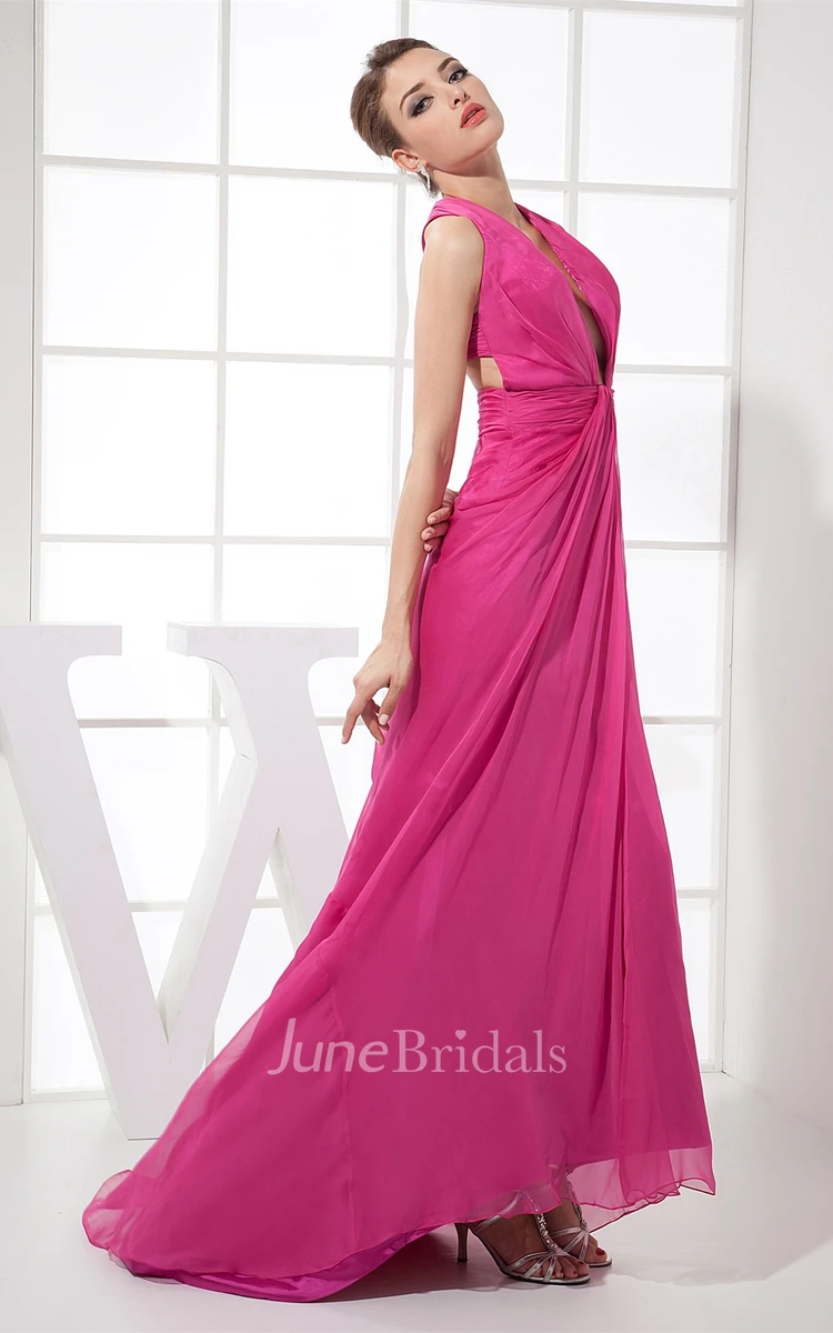 Plunged Sleeveless High-Low Chiffon Dress with Central Ruching