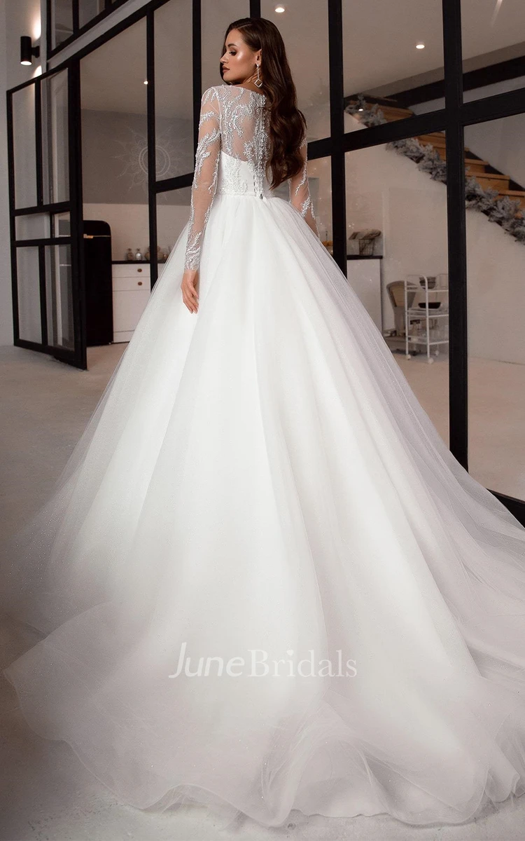 High-end Long Sleeve A Line Bateau Tulle Wedding Dress with Beading