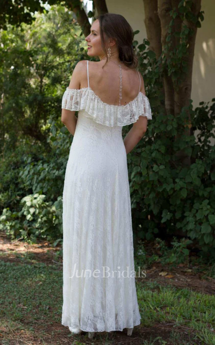 Spaghetti Off-The-Shoulder Lace Pleated Floor-Length Wedding Dress