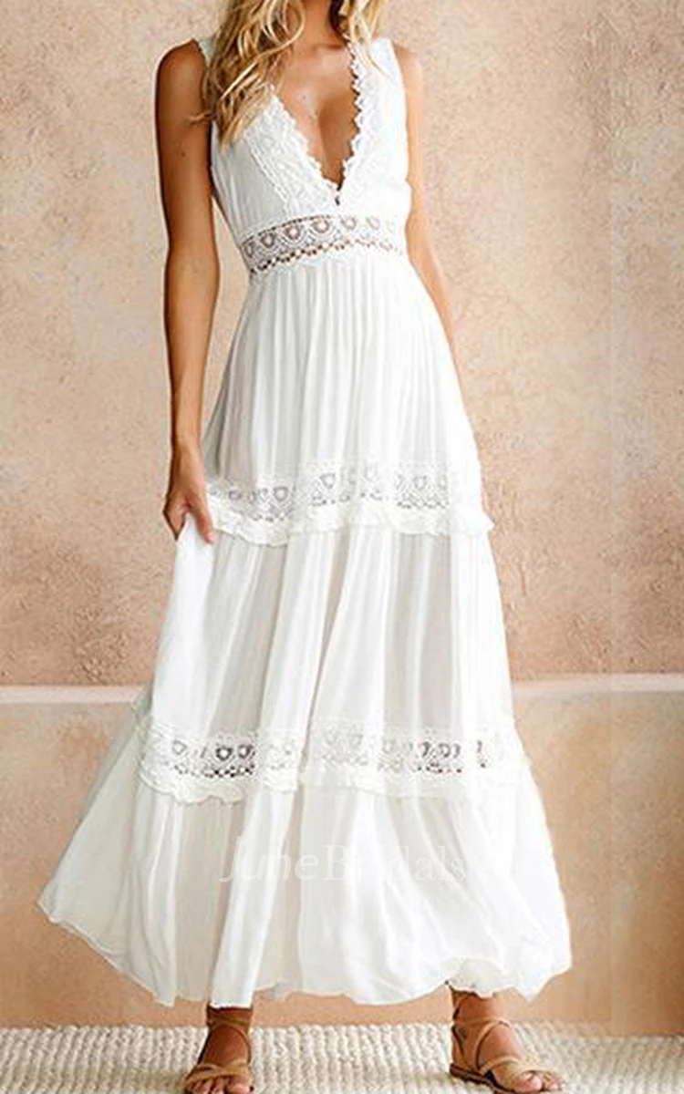 Boho A-Line Chiffon Sleeveless Wedding Dress Beach Country Garden Court Maxi Scalloped V-neck Bridal Gown