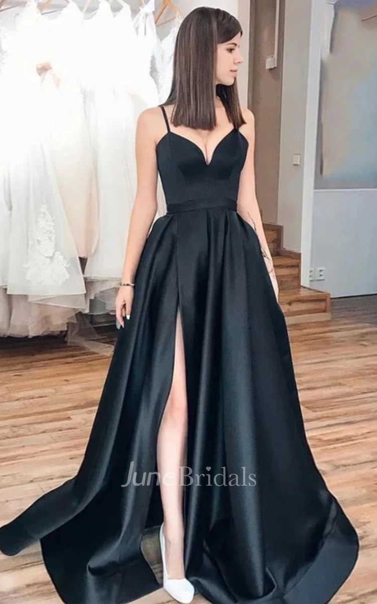 Solid A Line Satin Strapless V-neck Sleeveless Prom Dress with Ruffles and Split Front