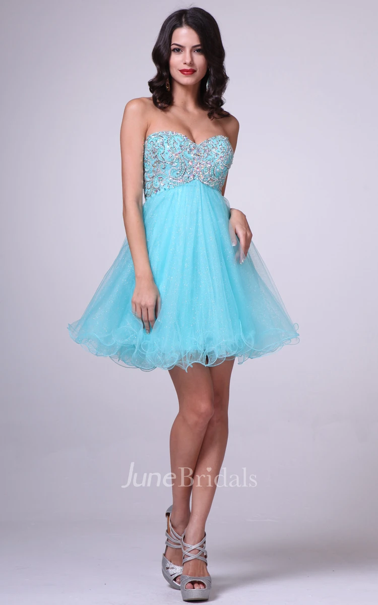 A-Line Mini Sweetheart Sleeveless Empire Tulle Dress With Beading