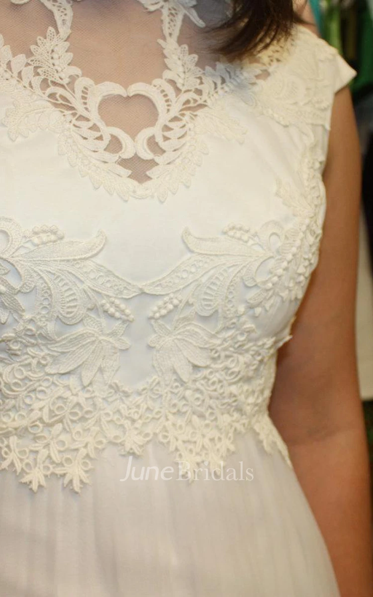 High Neck Cap Sleeve Tulle Wedding Dress With Lace Hemline