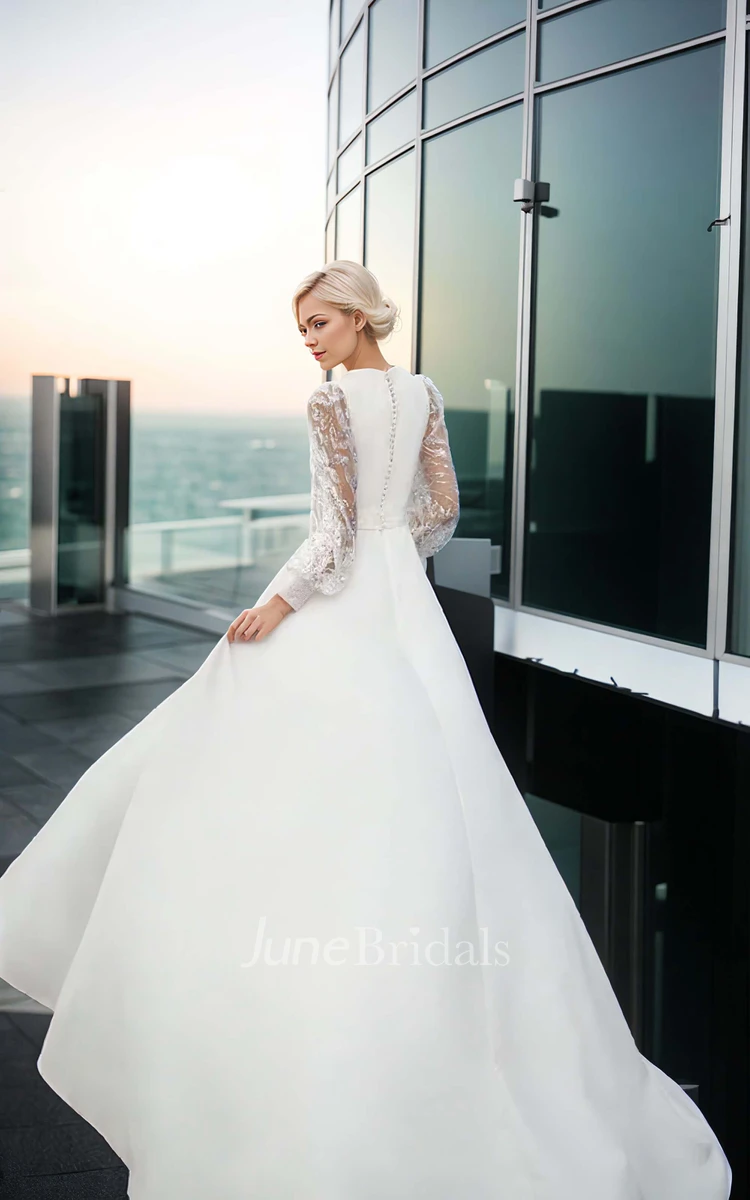 Simple Sexy A-Line Satin Tulle Jewel Neck Wedding Dress Elegant Solid Long Puff Sleeve Split Front Floor-length Bridal Gown with Sash Train Button Back