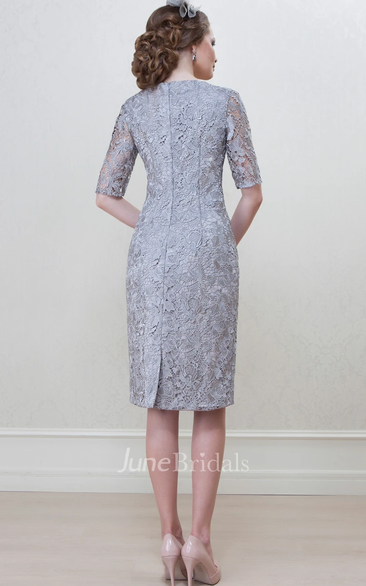 Pencil Knee-Length Half Sleeve Splitted V-Neck Lace Mother Of The Bride Dress