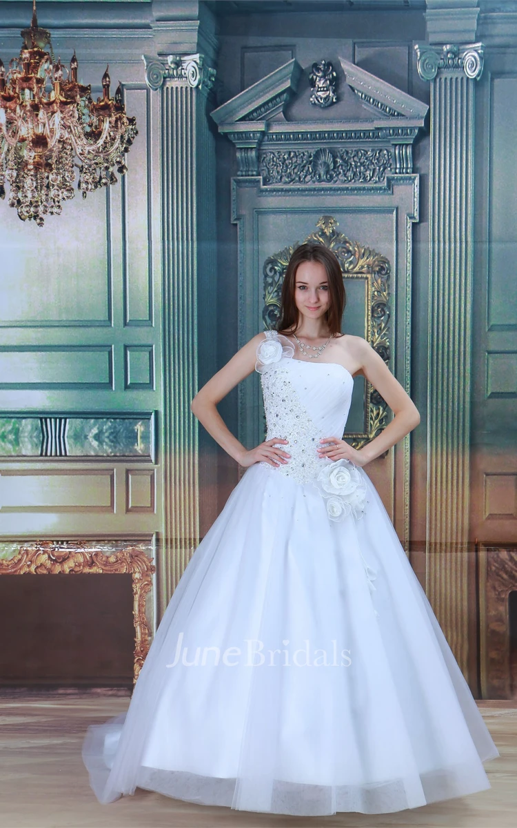 One-Shoulder Jeweled Ball Gown with Ruching and Flower