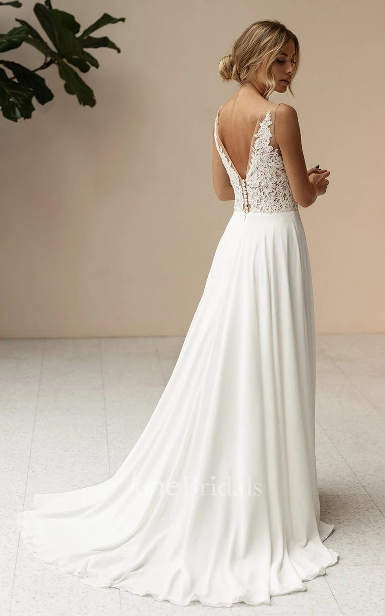 Chiffon A-Line Bohemian V-neck Wedding Dress With Low-V Back And Split Front