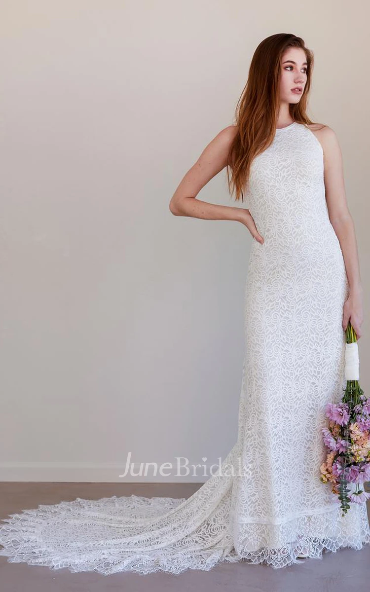 Boho Lace Jewel Beckline Sheath Sleeveless Wedding Dress with Keyhole Back