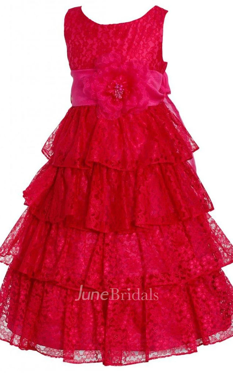 Sleeveless A-line Lace Dress With Tiers and Flower and Bow