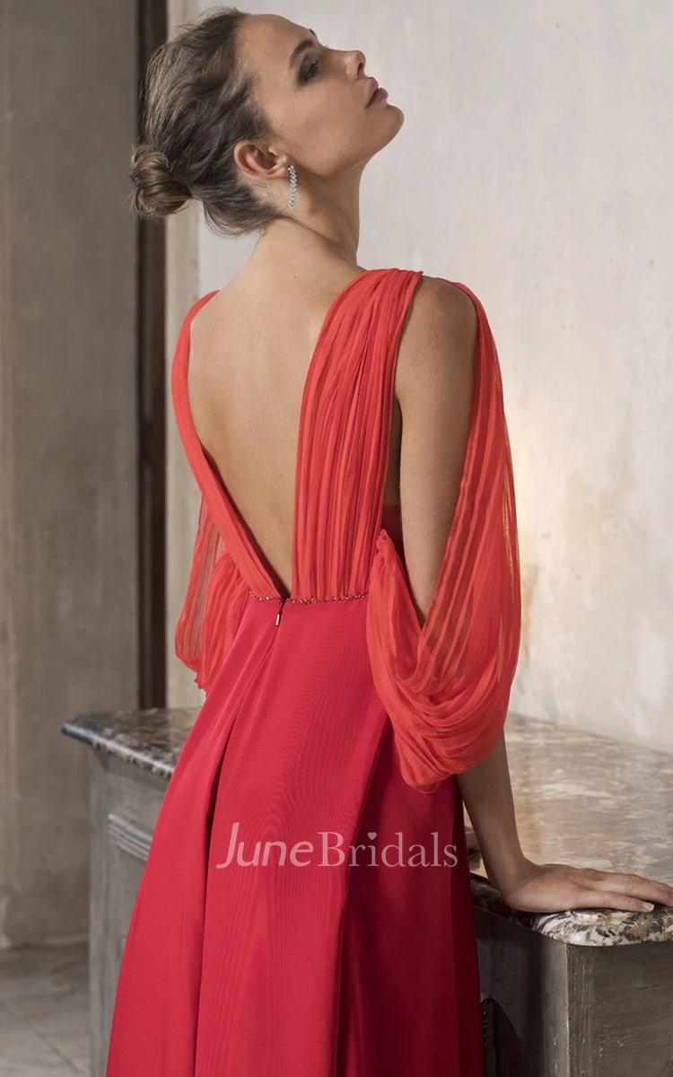 Modern A Line Sleeveless Tulle Plunging Neckline Deep-V Back Floor-length Prom Dress with Beading