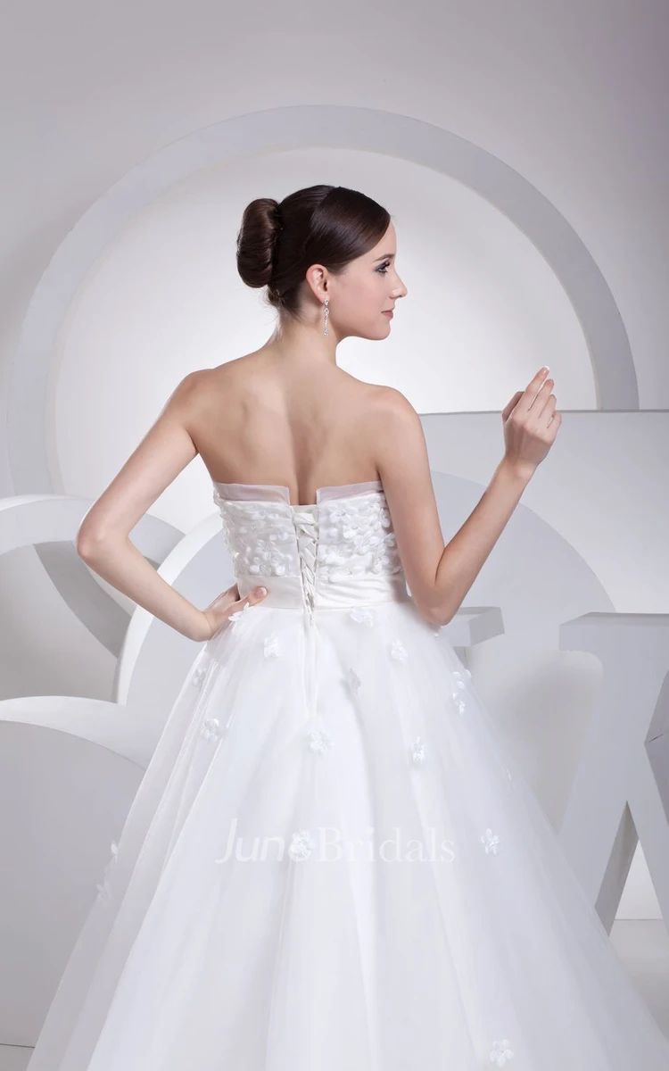 Strapless Tulle A-Line Dress With Ribbon and Flower