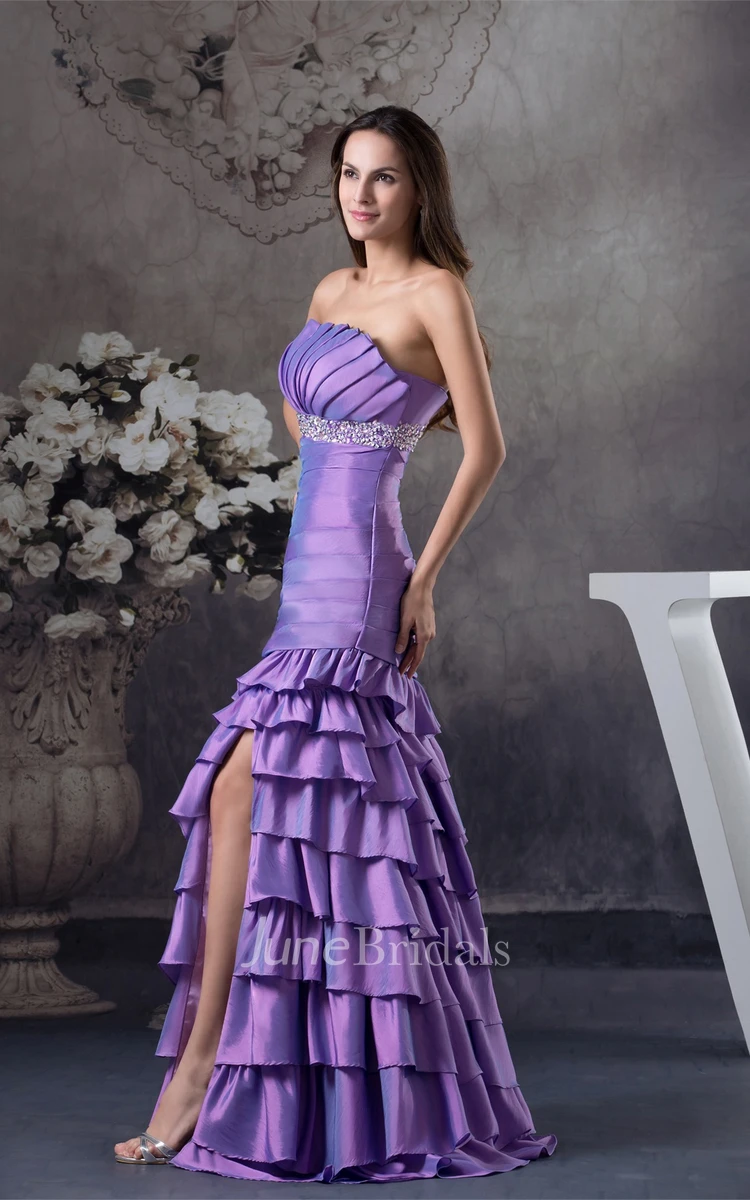 Strapless Ruched Front-Split Dress with Tiers and Jeweled Waist