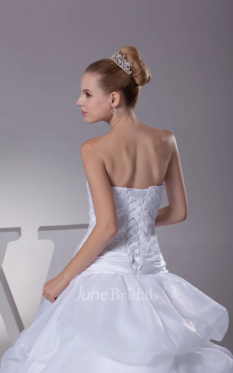Strapless Appliqued A-Line Ball Gown With Pick-Up Design