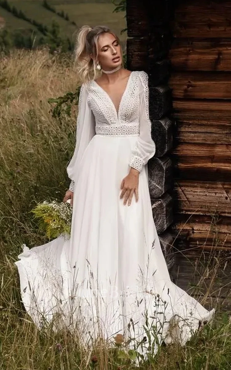 Bohemian Lace Chiffon A-Line Plunging Neckline Wedding Dress Country Romantic Solid Puff Long Sleeve Floor-length Low-V Back Bridal Gown with Train