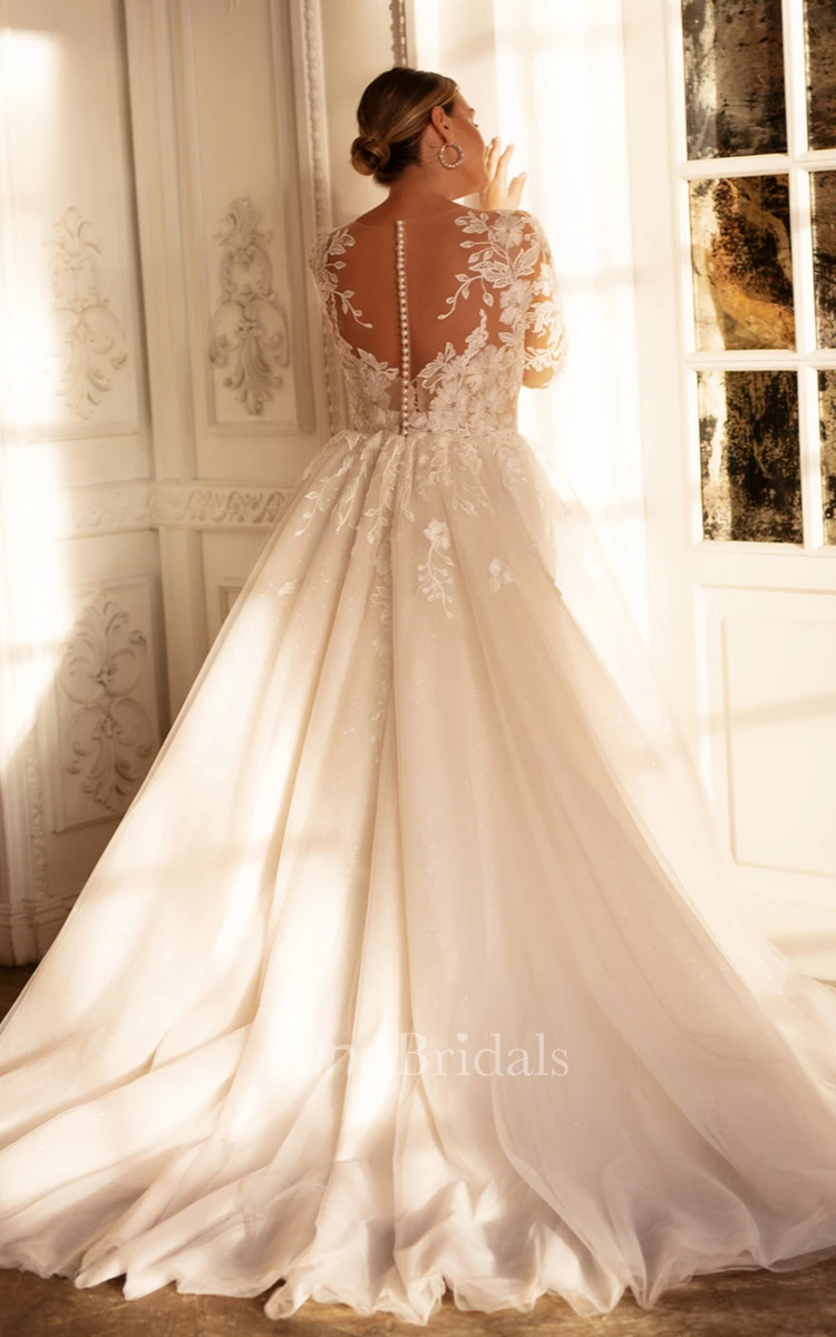 Romantic Bateau Ball Gown Lace Sweep Train Wedding Dress with Appliques