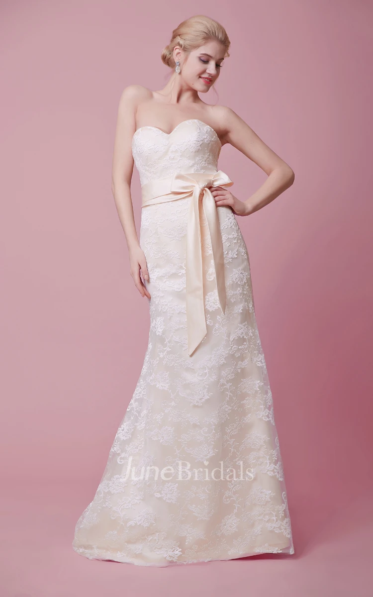 Sheath Strapless Sweetheart Lace Dress With Removable Satin Bow Sash