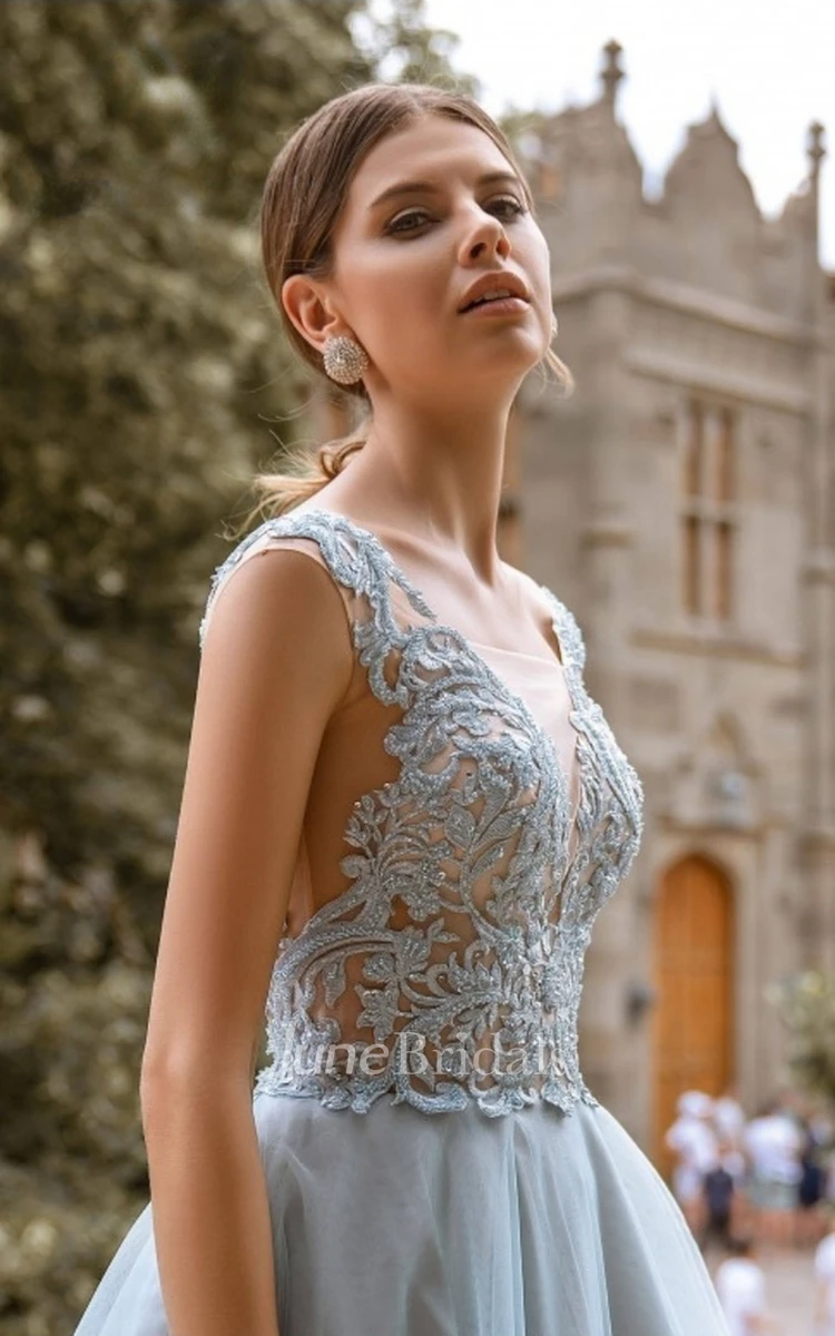 Elegant Lace V Neck Bridesmaid Dresses Sexy Illusion Back Tulle Dresses