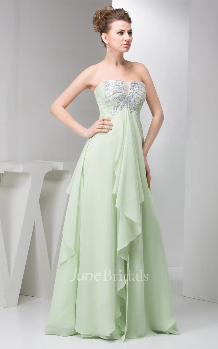 Strapless Empire Chiffon Maxi Dress with Draping and Sequined Top