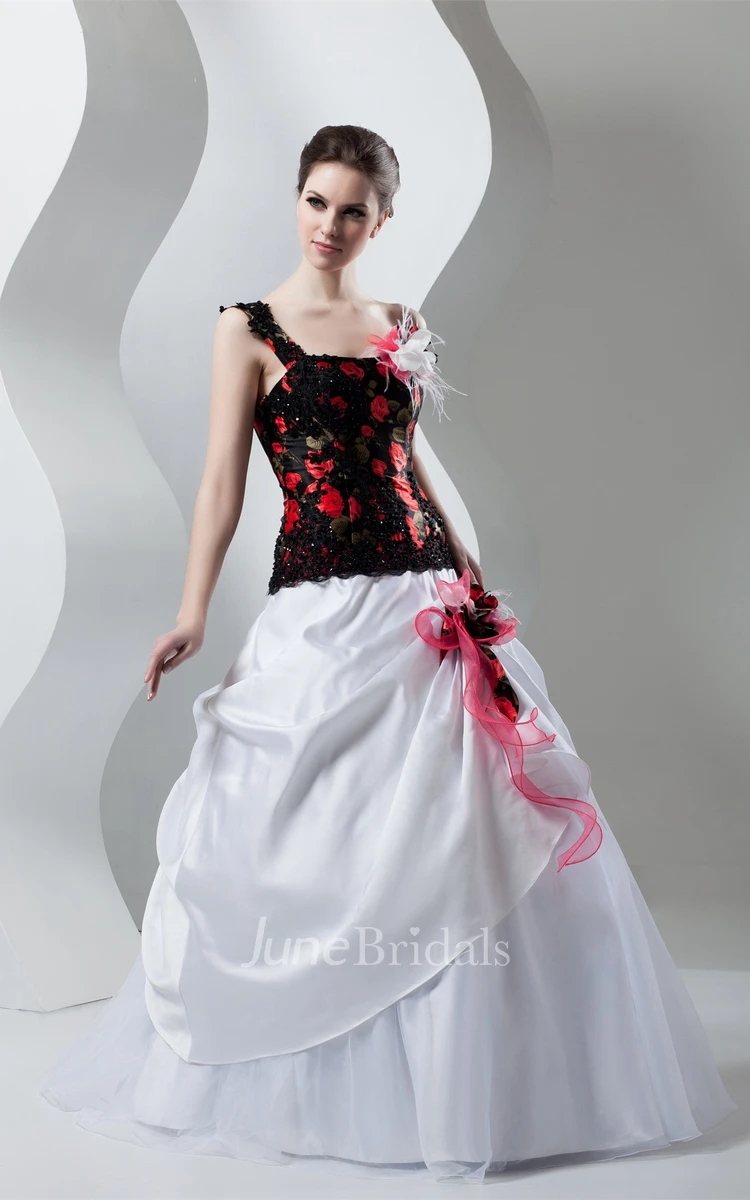 Floral One-Shoulder Pick-Up Gown with Beading and Appliques