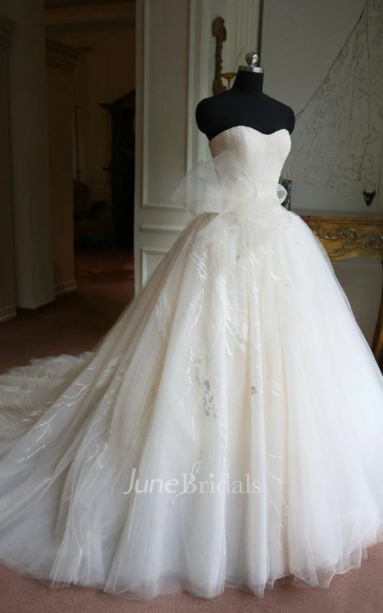 Ball Gown Floor-Length Sweetheart Sleeveless Bell Bow Appliques Zipper Keyhole Tulle Lace Dress