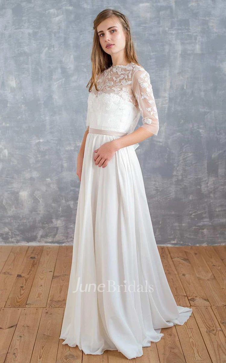 Jewel-Neck Illusion Half Sleeve Chiffon Wedding Dress With Appliques And Bow