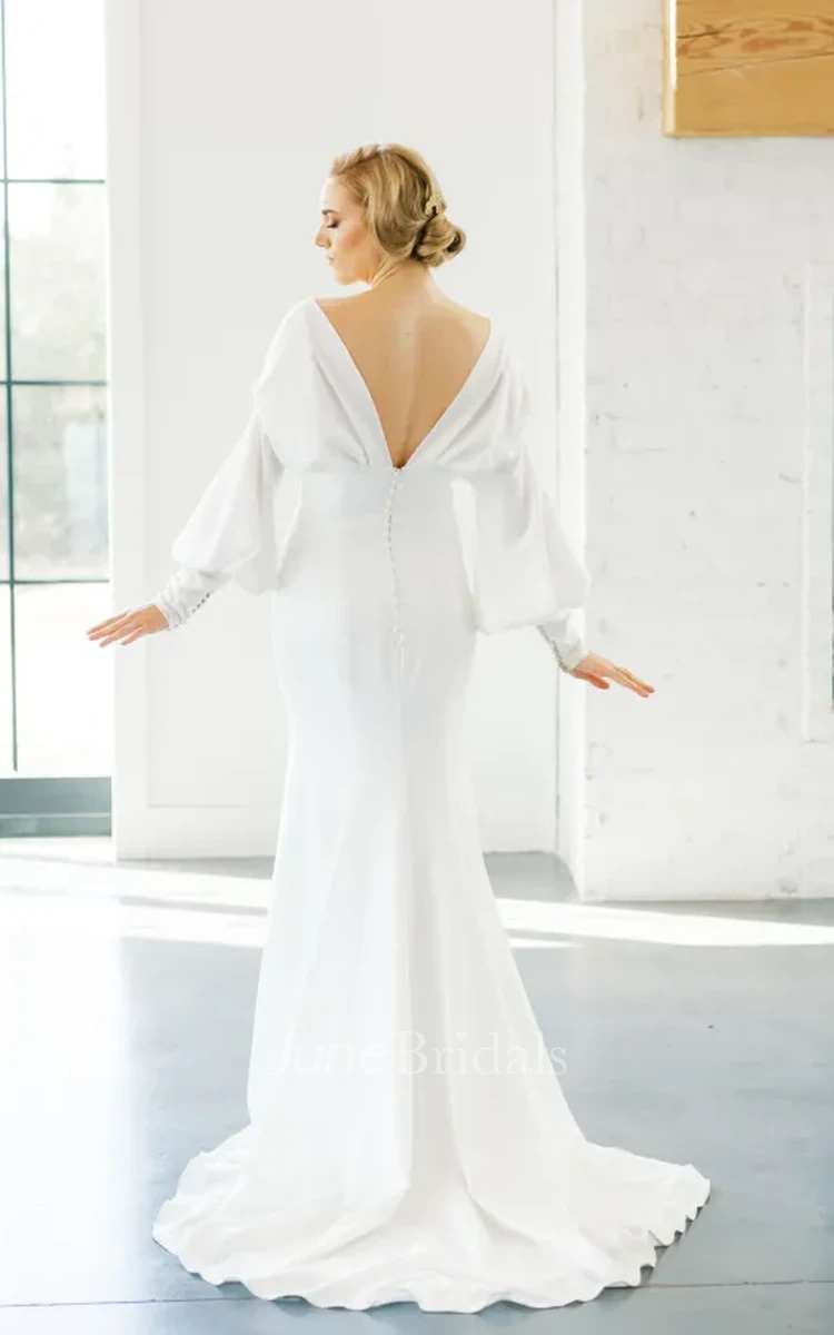 Sheath V-neck Satin Modest Spring Wedding Dress Empire With Poet Sleeve