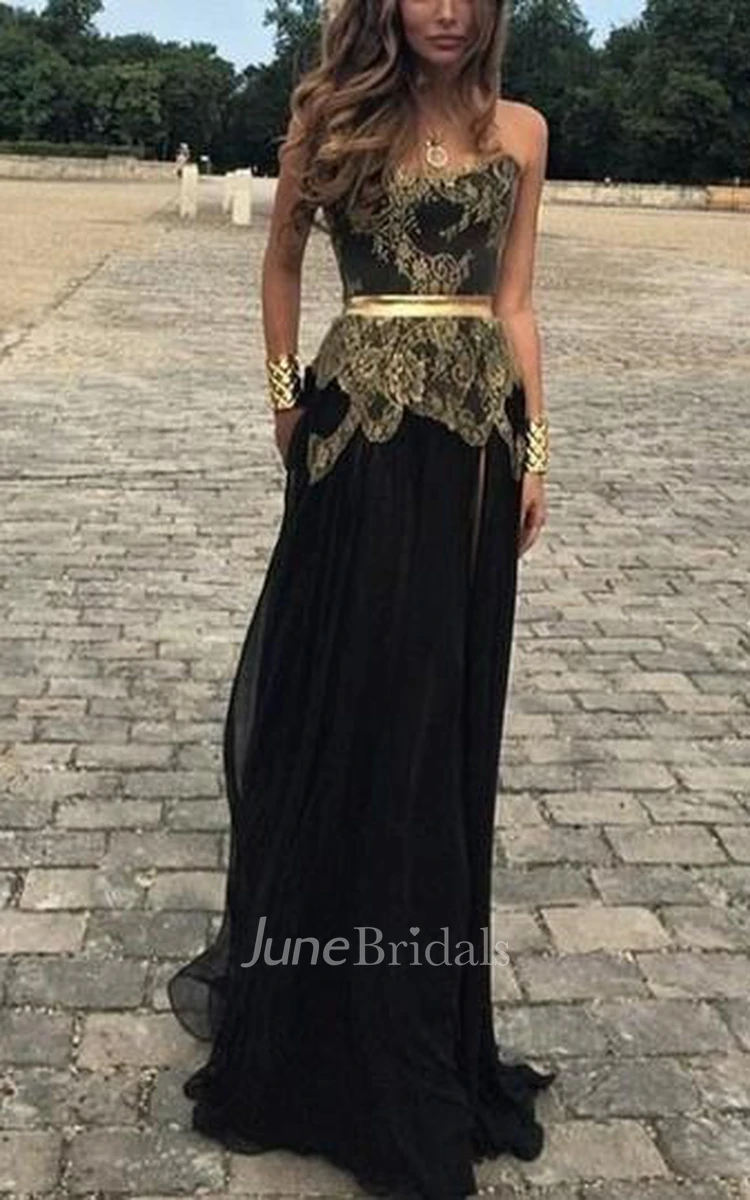 Sexy Sweetheart Gold Appliques Black Evening Dress Long on Sale