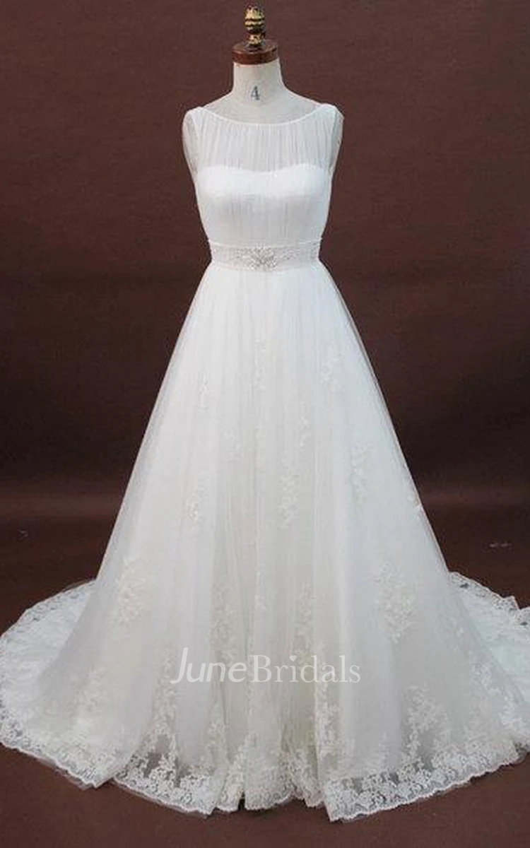 A-Line Bell Sleeve Chiffon Lace Organza Satin Dress With Beading