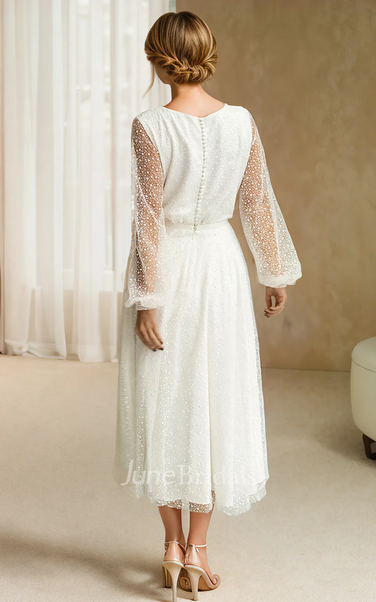 Tea-length A-Line V-neck Vintage Simple Petite Adorable Long Sleeve Wedding Dress with Button Back Sash