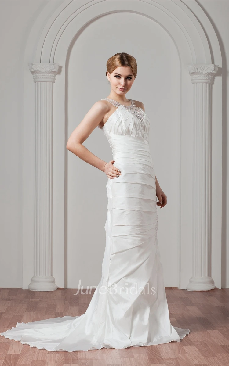 Sleeveless Column Ruched Gown with Appliques and Jeweled Neckline