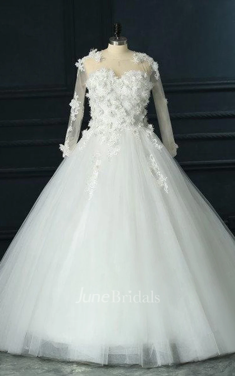 Long Sleeve Tulle Lace Satin Dress With Flower Illusion
