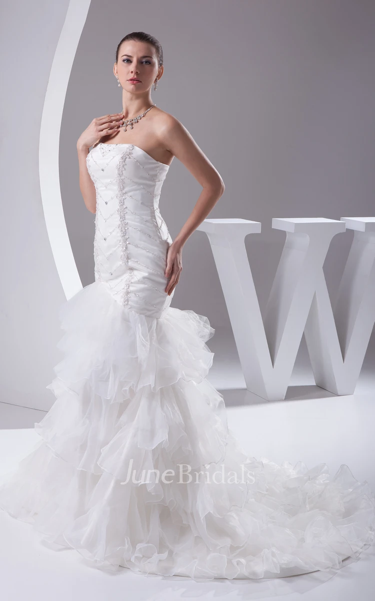 Strapless A-Line Tulle Dress With Ruffles and Beading