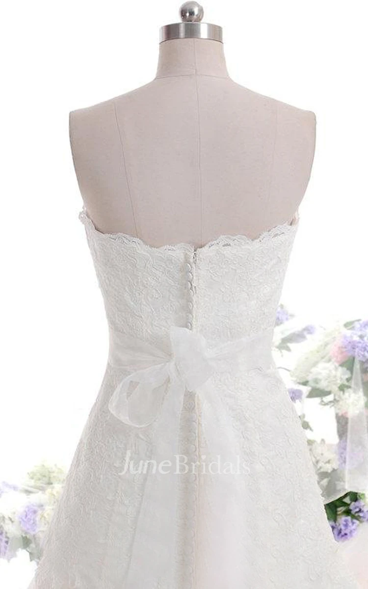 Beautiful Strapless Straight Neckline Trumpet Style Lace Wedding Dress With Beaded Sash
