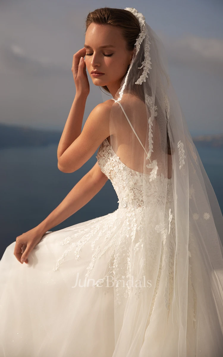 Casual A-Line Spaghetti Lace Tulle Wedding Dress With Open Back And Appliques