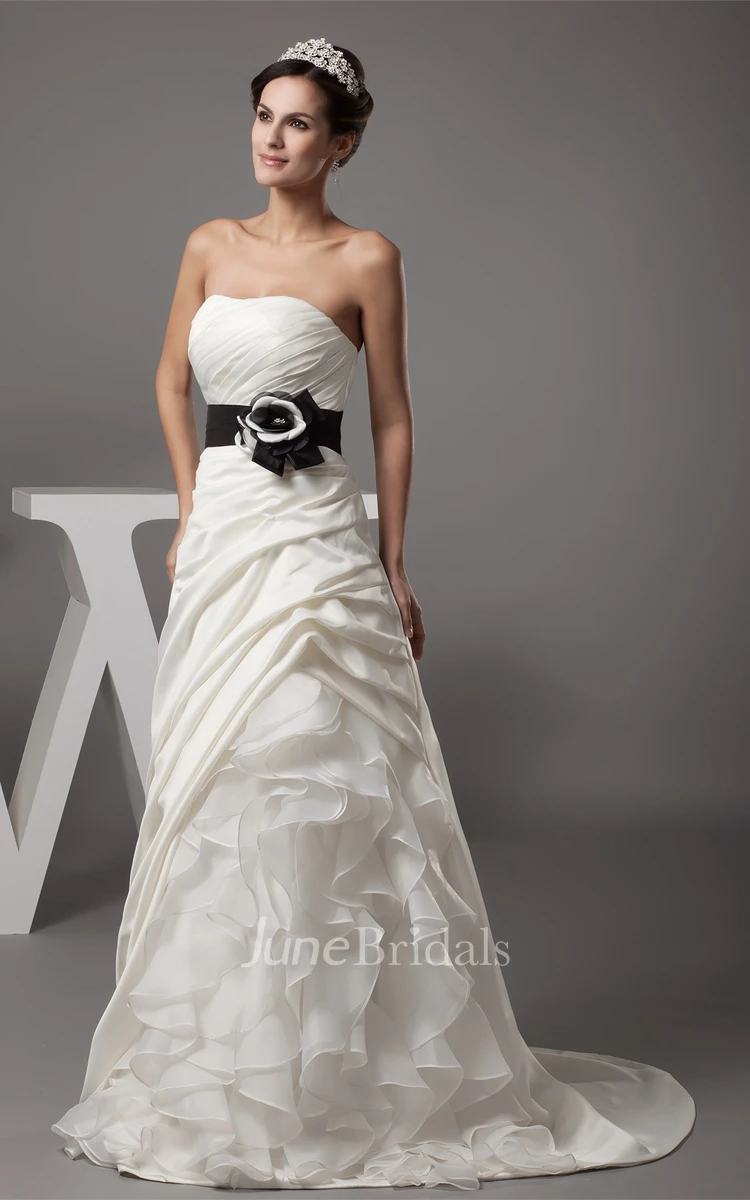Strapless Ruched A-Line Dress with Bow and Cascading Ruffles