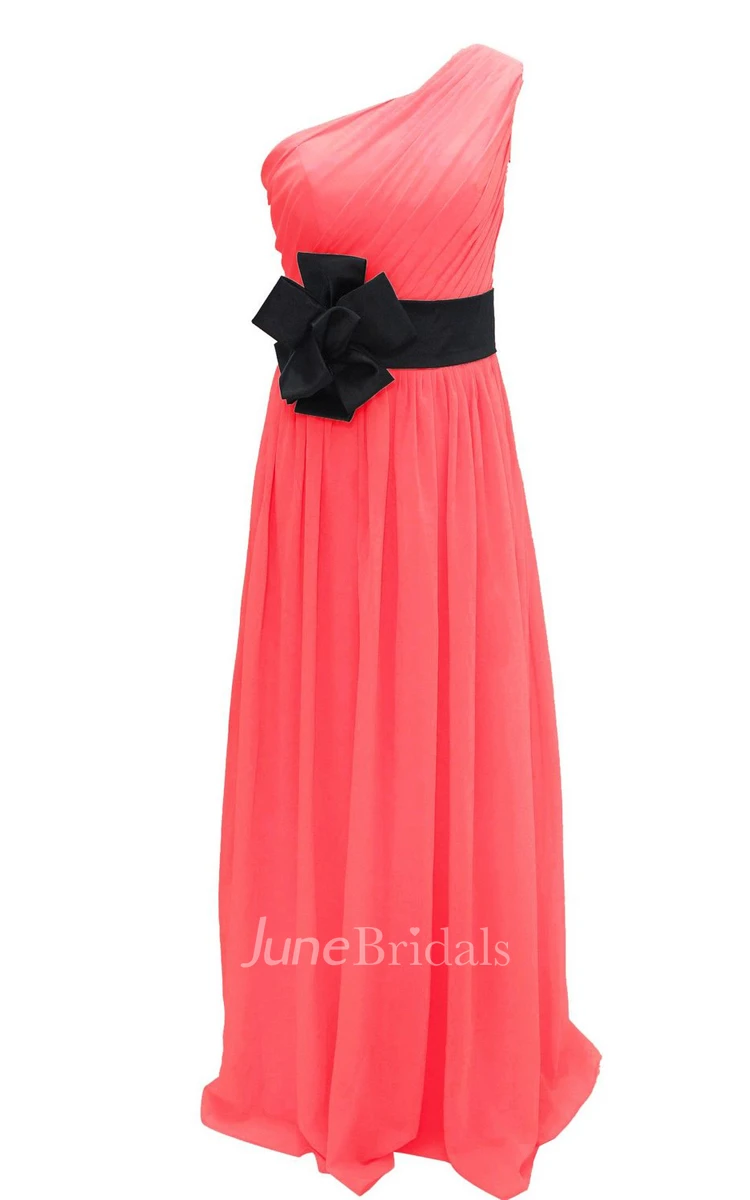 One-shoulder Pleated Chiffon A-line Gown With Floral Band