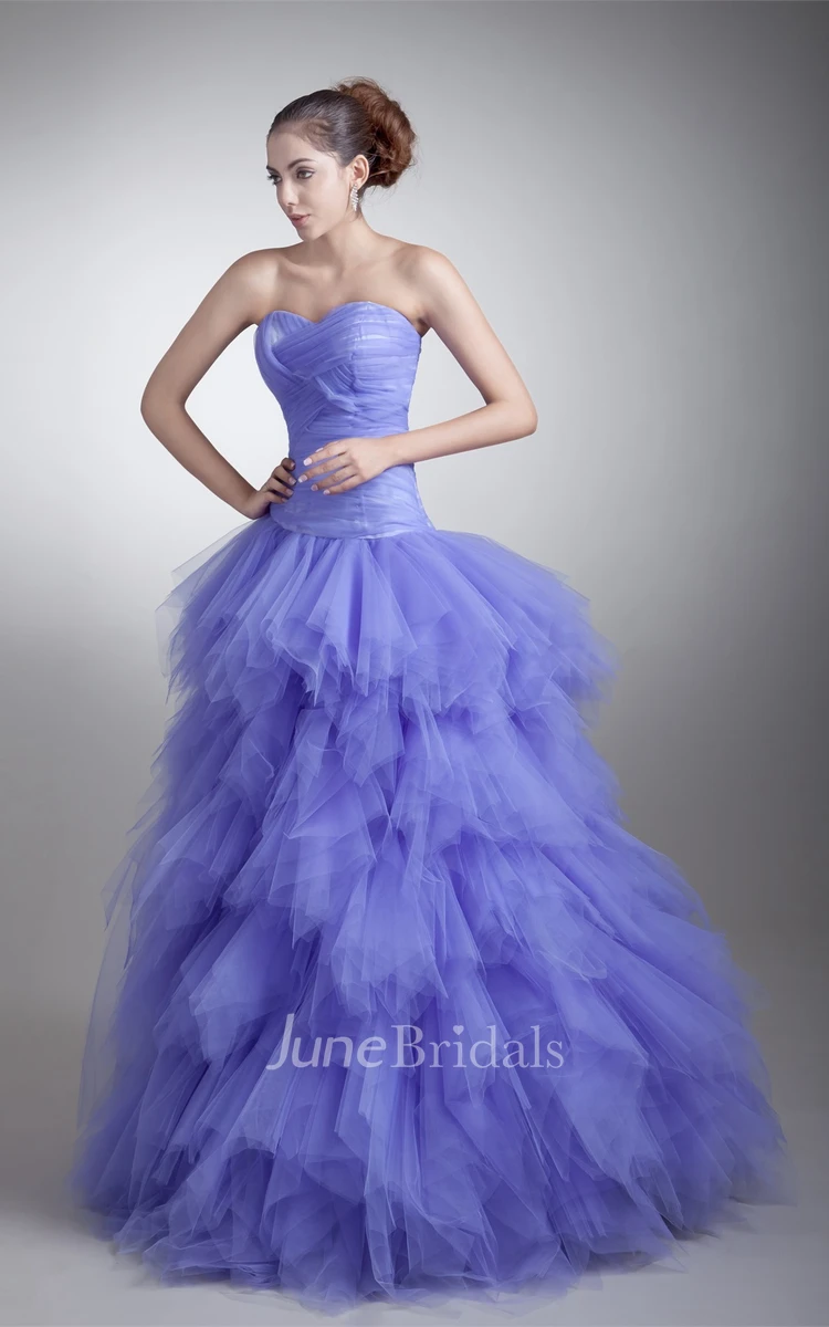 strapless tiered ball a-line criss-cross gown with ruffles