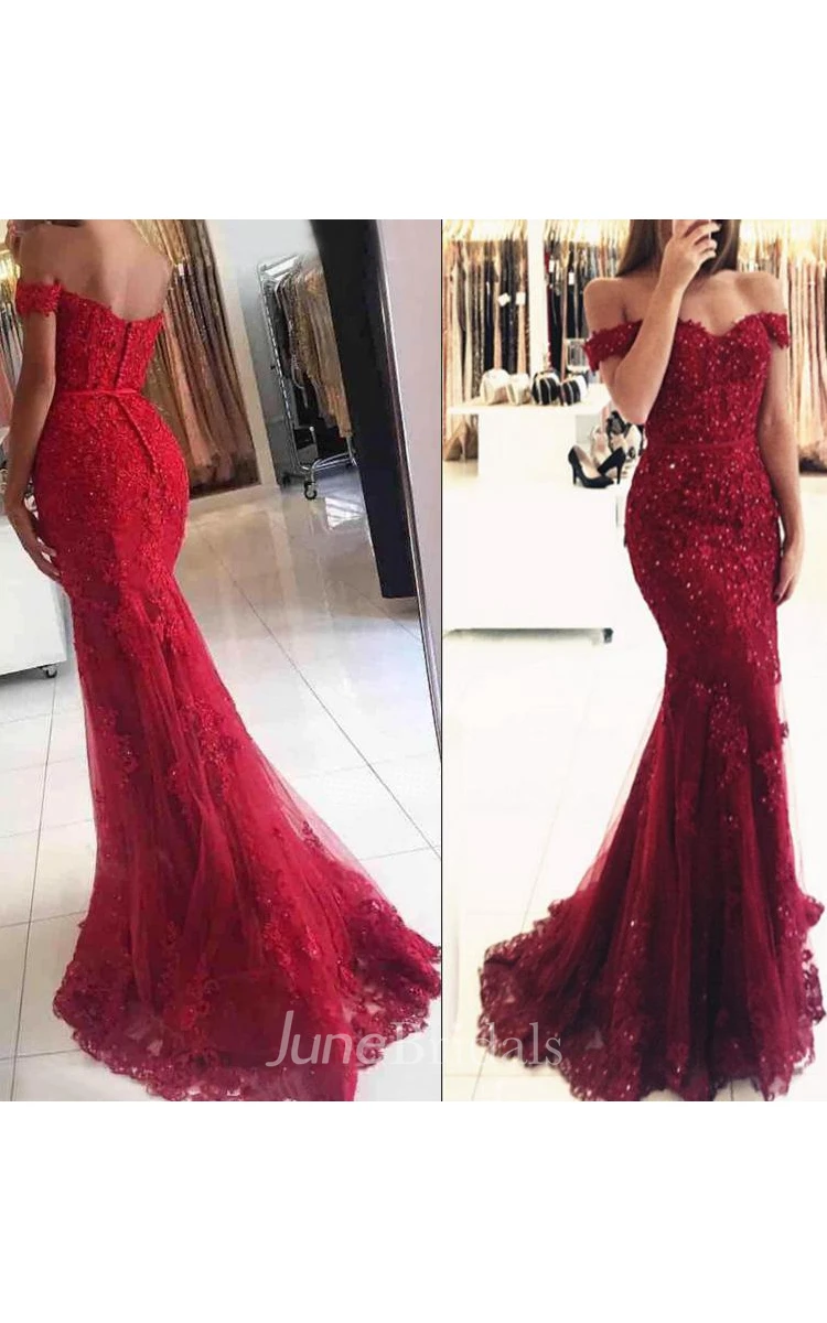 Off Shoulder Lace Beaded Mermaid Evening Prom Dress